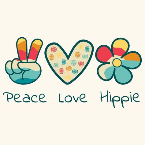 icono, pegatina en estilo hippie con texto amor, paz, hippie y corazón, signo de victoria y flor sobre fondo beige en estilo retro. Molde, Hippie Background, Paz Hippie, Victory Sign, Text Love, Joker Tattoo, Estilo Hippy, Estilo Hippie, Hippie Vibes