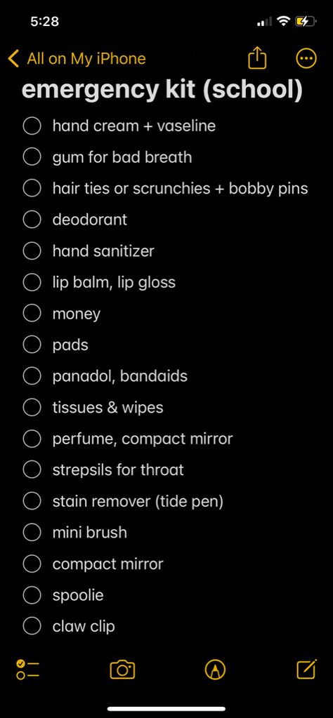 Things We Need For School, What Do I Put In My School Bag, Emergency Essentials Kit, What To Keep In Emergency Kit For School, School Self Care Kit, What To Put In Ur Emergency Kit, Whats In My Bag High School, School Emergency Kit For Girls Highschool, Thing To Pack For School