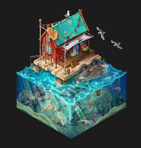 ArtStation - Fisherman's house, Olga Svietnik Isometric Illustration Landscape, Sea Kingdom, 2d Model, House At Night, Fishing Shop, Samurai Artwork, Building Concept, Isometric Art, Landscape Concept