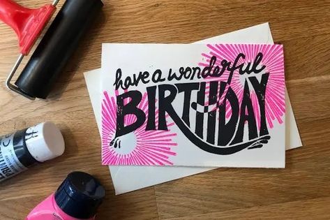 Minimal Packaging, Neon Birthday, Lino Prints, Card And Envelope, Lino Print, Mold Making, Linocut, Birthday Greeting Cards, I Card