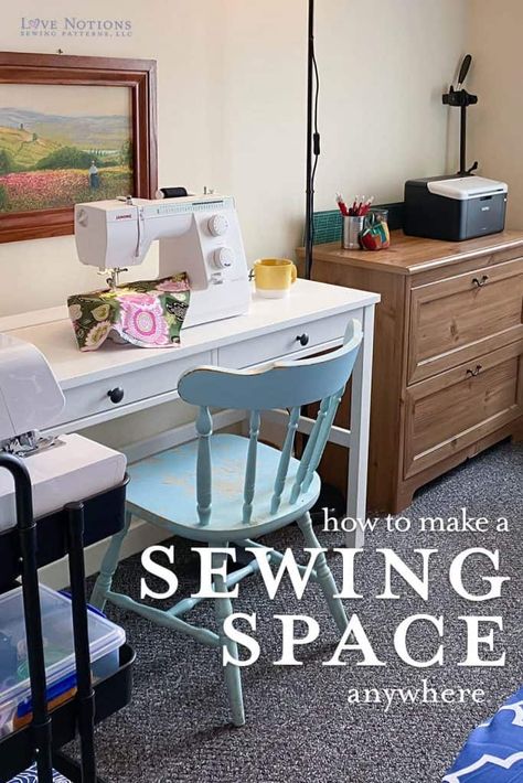 How To Set Up A Sewing Room, Tiny House Sewing Space, Narrow Sewing Table, Small Sewing Space In Living Room, Apartment Sewing Space, Small Sewing Room Design Layout, Craft Desk Small Space, Tiny Sewing Room Ideas, Small Sewing Studio Ideas