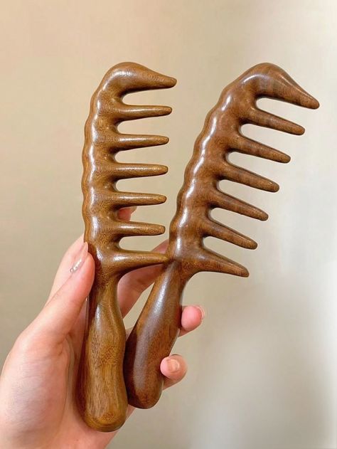 Brown  Collar  Wood  Wide Tooth Comb Embellished   Beauty Tools Curly Hair Styling, Curling Wand Set, Household Gifts, Wooden Brush, Curling Hair With Wand, Styling Comb, Curly Hair Women, Wide Tooth Comb, Comb Hair