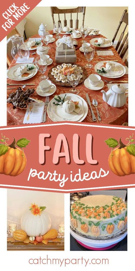 Take a look at this gorgeous Fall tea party! The table settings are beautiful! See more party ideas and share yours at CatchMyParty.com Thanksgiving Tea Party Ideas, Fall Theme Tea Party, Fall Tea Party Ideas Decorations, Fall Tea Party Decorations, Fall Tea Party Ideas, Thanksgiving Tea Party, Graduation Tea Party, Fall Themed Birthday Party, Fall Themed Birthday