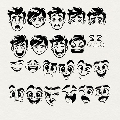 Cartoon Emotions Faces, Cartoon Emotions Facial Expressions, How To Draw A Face Cartoon, Eyes Illustration Cartoon, Cute Expressions Drawing, Cartoon Expressions Faces, Faces Drawing Cartoon, Cartoon Face Reference, Anime Face Art