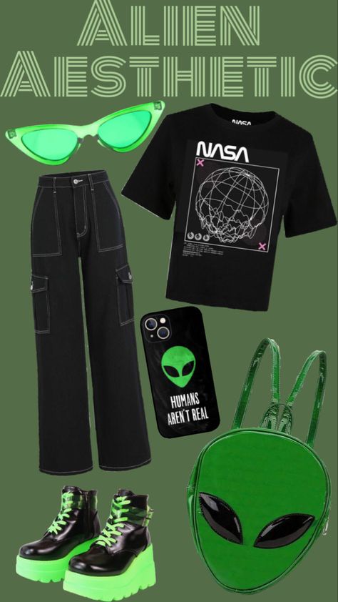 Alien Fashion Aesthetic, Alien Outfit Aesthetic, Y2k Alien Fashion, Alien Clothes Aesthetic, Aliencore Outfit, Alien Streetwear, Alien Aesthetic Outfit, Alien Merch, Alien Core