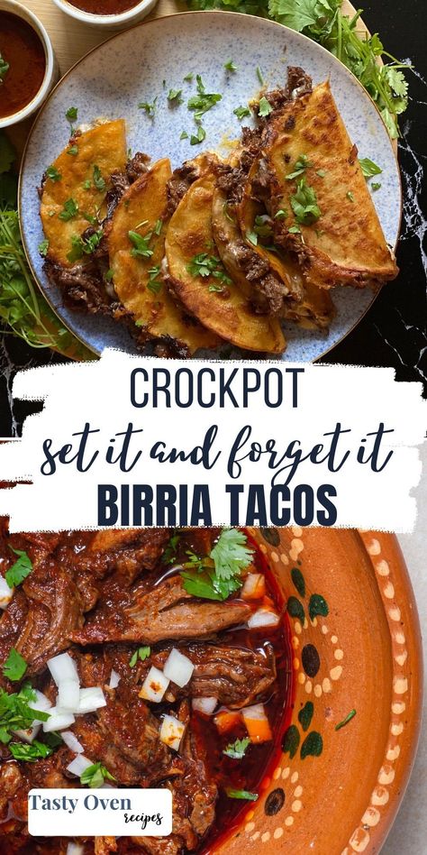 If you're looking for an amazing and easy recipe for birria in a crock pot, this is it! Made from tender cuts of beef and a Mexican-inspired sauce that's full of richness and warming flavor, Slow Cooker Birria is guaranteed to please. Enjoy in its original form as a stew or use to make those infamous birria tacos! Birria Crock Pot Recipes, Birra Crock Pot, Chuck Roast Birria Tacos Crockpot, Easy Slow Cooker Birria Tacos, Gf Slow Cooker Recipes, Easy Birria Recipe Mexican Crockpot, Birria In Crock Pot, Beef Brisket Tacos Crock Pot, Easy Barbacoa Crock Pot