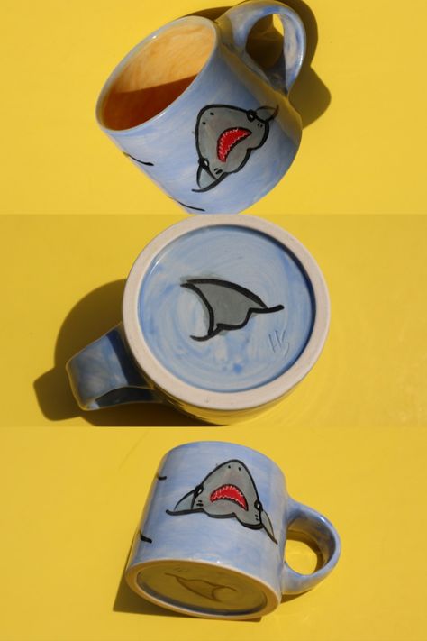 Mug Inspiration Paint, Shark Mug Pottery, Pottery Painting Ideas Shark, Shark Pottery Painting, Shark Pottery, Ceramic Shark, Shark Mug, Handmade Ceramic Mugs, Diy Pottery Painting