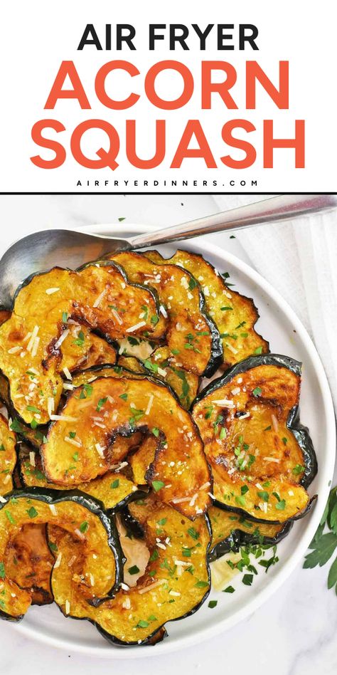 Beautiful maple roasted Air Fryer Acorn Squash takes less than 30 minutes to make, and is packed with so much flavor! Air Fry Acorn Squash Recipes, Acorn Squash Recipes Air Fryer, Roasted Acorn Squash Air Fryer, Acorn Squash Air Fryer, Squash Air Fryer, Air Fryer Roasted Vegetables, Air Fryer Acorn Squash, Squash Acorn, Fall Side Dish Recipes