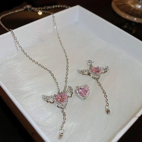 Cupid Necklace, Silver Heart Jewelry, Pink Love Heart, Ethereal Jewelry, Angel Wings Jewelry, Pretty Jewelry Necklaces, Wing Jewelry, Crystal Heart Necklace, Heart Earring