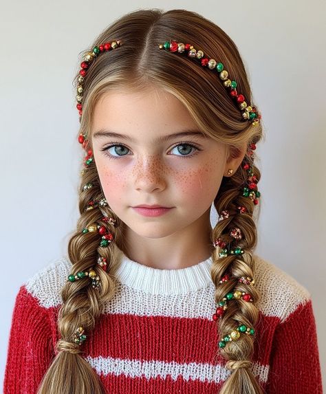 Christmas Hair Braids, Beads In Hair Kids, Birthday Hairstyles For Kids, Fun Braided Hairstyles, Christmas Braids, Picture Day Hairstyles For Kids, Picture Day Hairstyles, Christmas Hairstyles For Kids, Braid Hairstyles For Kids