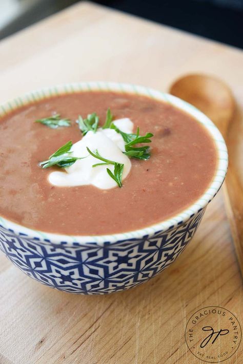 Refried Bean Soup Recipe - The Gracious Pantry Refried Bean Soup, Chili Bean Soup, Roasted Garbanzo Beans, Pinto Bean Soup, Soft Foods Diet, Refried Bean, Refried Beans Recipe, Bean Soup Recipe, Quick And Easy Soup