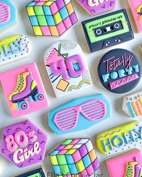 She’s just an 80��’s kind of girl! This was my first crack at a retro 80’s set and I’m here for it! I was so excited to use these neon glow… | Instagram 40th Bday Ideas, 80s Birthday Parties, Ring Pops, 90s Theme Party, Cookie Decorations, Cookies Birthday, Graduation Party Themes, 80s Theme, Dark Colours