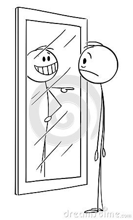 Vector Cartoon Illustration of Frustrated Man With Low Confidence or Self Esteem Looking at Mirror, His Reflection Is stock illustration Low Confidence Illustration, Your Reflection Drawing, Drawing Of Low Self Esteem, Insecure Drawing Mirror, Drawing A Mirror, Self Esteem Drawings, Man Looking In Mirror Drawing, Reflect Illustration, How To Draw A Mirror