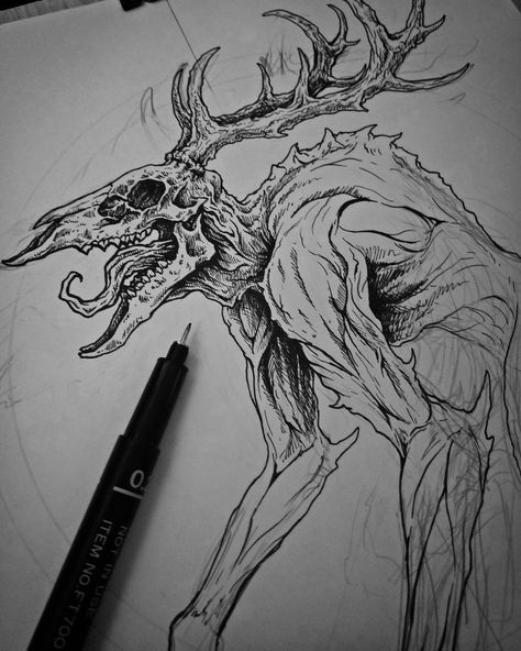 Creepy Gothic Art, Skin Walker Drawing, Windigo Reference Drawing, Wendigo Art Dark, Monster Drawing Sketches, Wendigo Drawing, Wendigo Art, Creepy Sketches, Monster Drawings