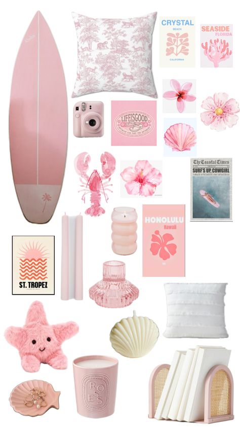 pink surfer girl room decor 🌸☀️ Surfer Girl Room Decor, Surfer Room Decor, Surfer Girl Room, Surfer Girl Bedroom, Dorm Themes, Surfer Room, Surf Room Decor, Coastal Room Decor, Ocean Room Decor