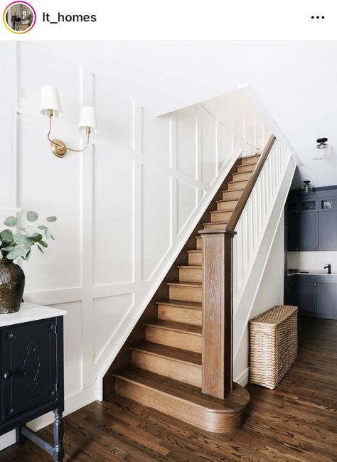 Accent Staircase Wall, Modern Farmhouse Staircase, Wood Flooring Options, Stair Paneling, Front Flip, Staircase Wall Decor, High Ceiling Living Room, House Staircase, Staircase Wall