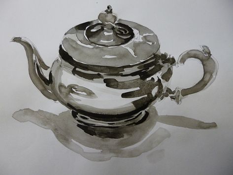 Silver teapot   pen, brush and ink Washed Ink Drawing, Liquid Ink Drawing, Watercolour Object Painting, Object Drawing Watercolour, Ink Wash Art, Metal Pen Drawing, Ink Wash Drawings, Watercolour Teapot, How To Draw Metal