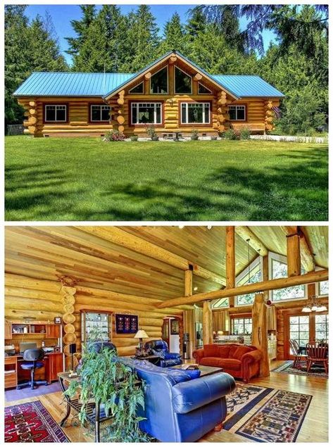 Ranch-Style Log Cabin Log Homes Exterior, Log Cabin Floor Plans, Small Log Cabin, Houses Ideas, Cabin Exterior, Cabin Floor Plans, Country Cottage Decor, Ranch Style Homes, Log Cabin Homes