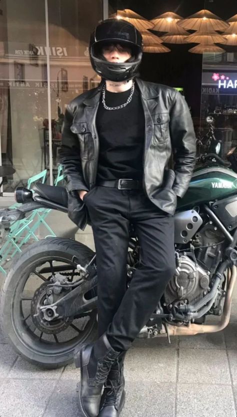 Motorcycle Aesthetic Outfits Men, Bad Guy Outfits, Tough Guy Outfit, Male Biker Outfit, Biker Boy Outfit, Mechanic Guy Aesthetic, 90s Leather Jacket Outfit Men, Motorcycle Men Outfit, Leather Trench Coat Outfit Men