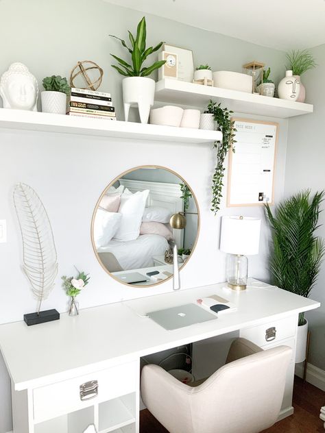 Bedroom Desk Nook, Boho Desk And Vanity, Desk With Mirror Above, Mirror Above Desk Bedroom, Vanity And Desk Combo Ideas Home Office, Womens Vanity Desk, Butterfly Bedroom Decor Aesthetic, Asthetic Teen Girl Bed Room, Desk With Round Mirror