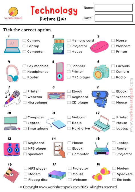 Technology Worksheets For Kids, Technology Activities For Kids, English Level Test, Technology Worksheets, Technology Vocabulary, Quiz For Kids, English Poster, Vocabulary Test, Classroom Attendance