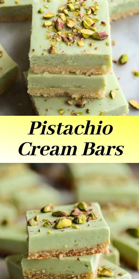 #Pistachio Delight Cream Bars: Perfect mix of creamy and nutty flavors, with a crunchy crust and light, whipped topping. Easy and irresistible treat for any occasion! Pistachio Delight, Pistachio Recipes, Pistachio Cookies, Pistachio Cream, Cream Filling, Whipped Topping, Pinterest Pin, Cookies And Cream, Dessert Bars