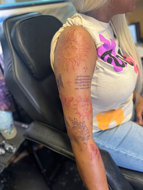 Arm Tattoos For Black Women Tat, Red And Black Tattoo Sleeve Woman, Cute Quarter Sleeve Tattoos For Women, Red Sleeve Tattoo Black Women, Freestyle Sleeve Tattoo Women, Spiritual Tattoos Arm Sleeve, Sleeve Space Fillers, Tatted Arm Woman, Black And Red Arm Sleeve Tattoo