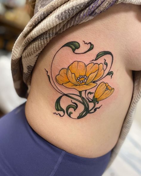 Yellow Floral Tattoo, Yellow Flower Tattoo, Neo Traditional Flowers, Yellow Flower Tattoos, Tattoo On The Side, Yellow Tattoo, Botanical Tattoos, Art Nouveau Tattoo, Nouveau Tattoo