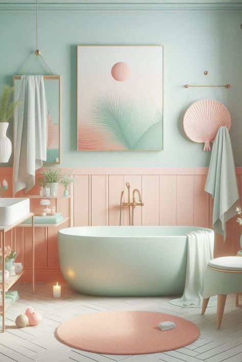 Create a soft and dreamy atmosphere with this harmonious mint and peach palette. Subtle colors for a gentle bathroom ambiance. #PastelBathroom #MintAndPeach Bathroom Ideas Pastel Colors, Blue And Peach Color Palette, Pastel Bathroom Ideas, Mint Color Palettes, Pastel Bathroom, Coral Bathroom, Peach Color Palettes, Second Bathroom, Mint Walls