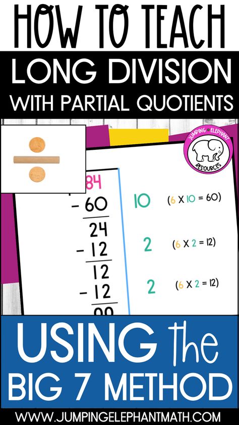 This long division guide for teachers and home educators contains a step by step method for using the big seven division strategy. This division with partial quotients is an effective way to help students in 4th and 5th grade learn to divide multi digit numbers. Division Partial Quotients, Big 7 Division Anchor Chart, Partial Quotient Division Anchor Chart, Division Anchor Chart 4th, Teach Long Division, Box Method Division, Third Grade Division, Partial Quotient Division, Long Division Activities