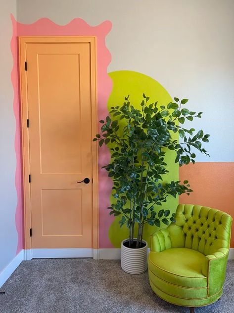 Maximalist Wall Painting, Funky Paint Ideas For Walls, Quirky Painted Walls, Colorful Interior Paint Ideas, Apartment Wall Paint Ideas, Bright Accent Wall Bedroom, Color Block Wall Mural, Quirky Wall Painting Ideas, Eclectic Accent Wall