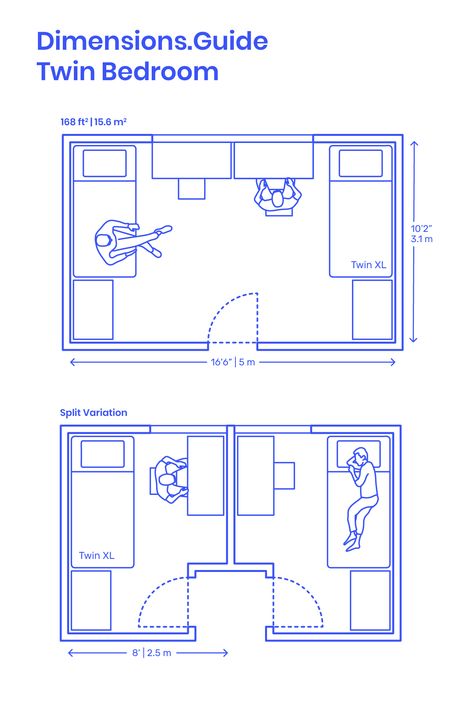 Twin | Single Bedroom layouts are recommended guidelines for organizing bedrooms based on the standard dimensions of a Twin | Single Bed. Single bedrooms with Twin | Single beds should have minimum areas of around 81 ft2 | 7.75 m2 with shared Twin | Single bedrooms at areas around 168 ft2 | 15.6 m2. Downloads online #bedroom #beds #architecture #interiordesign #homedesign Bedroom Layout Two Beds, Bedroom With 3 Beds Ideas, Pass Through Bedroom Ideas, Twin Single Bedroom Ideas, Turn 1 Bedroom Into 2, Two Beds In One Room Ideas Adults Layout, How To Make One Bedroom Into Two, Small Bedroom Dimensions, Shared Bedroom Separator Ideas