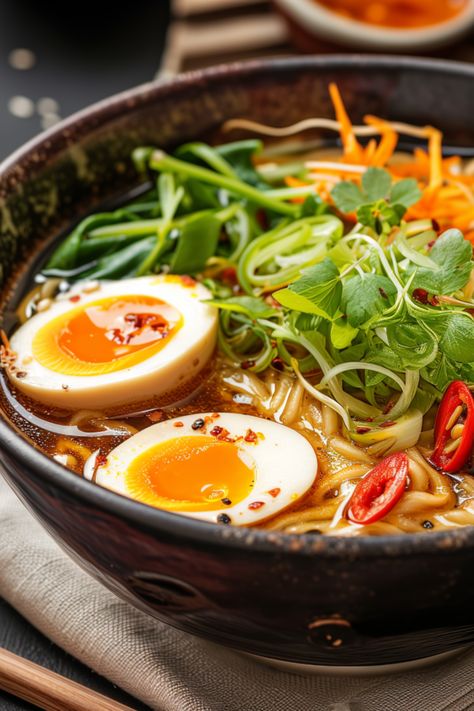 Make your own delicious ramen noodles at home with our simple recipe! Perfect for family gatherings or a cosy night in, this dish features a rich broth, tender noodles, and a medley of toppings. Try adding a soft-boiled egg and spring onions for extra flavour. Click the link to get started on your ramen journey today! #HomemadeRamen #FamilyMeals #EasyRecipes Pescatarian Ramen Recipes, Homemade Pot Noodle, Easy Veggie Ramen, Spicy Tan Tan Ramen, Fresh Ramen Noodle Recipes, Ramen Noodle Recipes Vegetarian, Pork Ramen Noodle Recipes, Ramen Noodle Ideas, Ramen Bowl Aesthetic