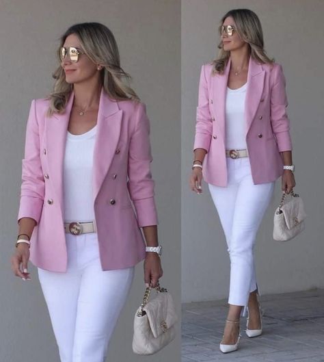 White Pants Women, To Start A Conversation, Stylish Work Attire, Stylish Work Outfits, Pink Blazer, Casual Chic Outfit, Casual Work Outfits, Blazer Outfits, Work Outfits Women