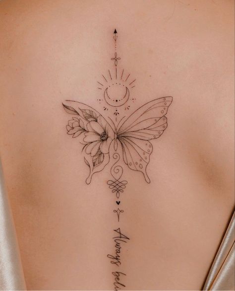 Spine Tattoo With Butterflies, Spine Tattoo Butterfly, Butterfly Back Tattoo Spine, Butterfly Spine Tattoo, Mutterschaft Tattoos, Tattoo Ideas Inspiration, Flower Spine Tattoos, Spine Tattoo Ideas, Unique Butterfly Tattoos