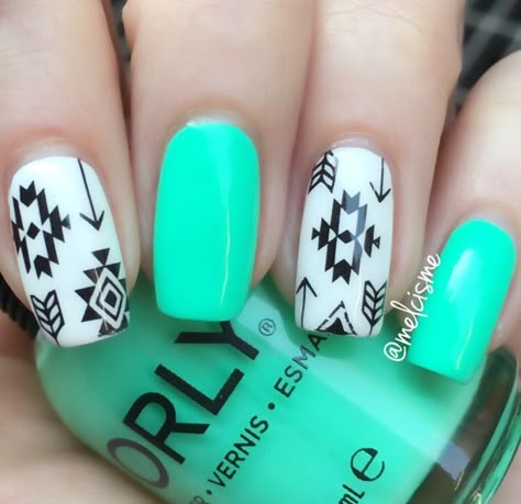 Aztec/Tribal design with a pop of neon.  #aztecnails #tribalnails #orly #summernails #bornprettystore Aztec Nails Design, Western Acrylics, Cowgirl Nail Designs, Cowgirl Nails Westerns, Punchy Nails, Western Nail Ideas, Aztec Nail Designs, Aztec Nail Art, Country Acrylic Nails