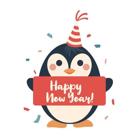 Penguin cartoon illustration with happy new year sign. Christmas character. Winter 2023 Happy New Year Cartoon, Happy New Year Sign, New Year Sign, Happy New Year Signs, Penguin Cartoon, The Penguin, Christmas Characters, Winter 2023, Iphone Wallpapers