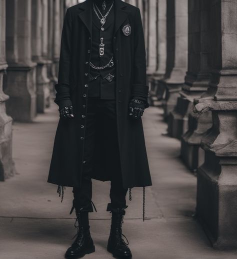 Ai goth dark academia outfit inspiration. #black #darkacademia #academia #fashion #style #mensclothing #mensfashion #menstyle #outfits #inspiration Goth Dark Academia Outfit, Gothic Academia Fashion, Academia Outfit Inspiration, Goth Boy Outfits, Dark Academia Outfit Men, Goth Outfits Men, Goth Fashion Men, Goth Dark Academia, Punk Style Outfits