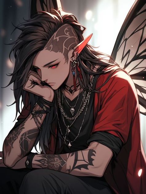 Sharp Teeth Anime Guy, Fairy Character Inspiration, Fairies Character Design, Dark Haired Male Character Art, Harengon Dnd Art Male, Punk Guy Art, Hot Male Character Art, Dragon Boy Oc, Dragon Oc Human Male