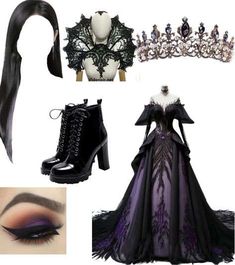 Evil Queen Theme Party, Evil Queen Aesthetic Outfit, Evil Queen Outfit Ideas, Evil Outfits Aesthetic, Malificiant Aesthetic, Villian Outfit Women, Dark Princess Costume, Black Hair Silver Streak, Evil Queen Costume Diy