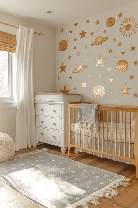 40 Adorable Neutral Nursery Designs for Your Baby Gender Neutral Nursery With Wallpaper, Nursery Room Themes Neutral, Happy Nursery Ideas, Nursery Ideas Space Theme, Neutral Baby Room Colors, Witchy Nursery Ideas, Celestial Baby Nursery, Space Nursery Theme Girl, Baby Room Themes Neutral