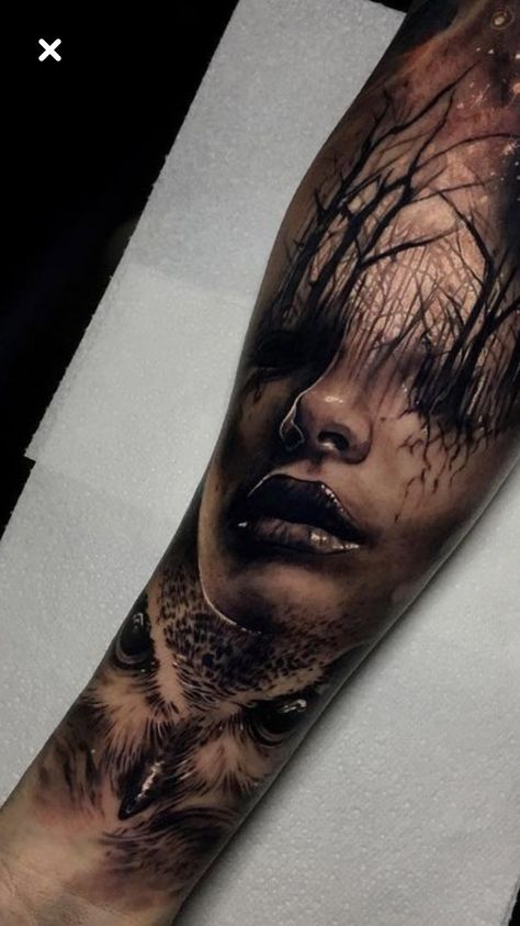 Portrait Tattoo Sleeve, Girl Face Tattoo, Skull Sleeve Tattoos, Realistic Tattoo Sleeve, Wicked Tattoos, Men Tattoos, Scary Tattoos, Forest Tattoos, Horror Tattoo