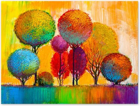 Bomen Landschap - Kleurrijk - Outdoor Tuin Schilderij op Canvas Abstract Wall Painting, Colorful Oil Painting, Watercolor Paintings Abstract, Landscape Art Painting, Fabric Wall Art, Colorful Trees, Painted Leaves, Autumn Forest, Autumn Landscape