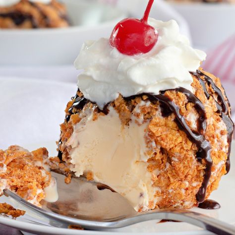 Fried Ice Cream Fried Ice Cream Dessert, Mexican Ice Cream, Mexican Fried Ice Cream, Fried Ice Cream Recipe, Homemade Whipped Cream Recipe, Strawberry Cheesecake Ice Cream, Ice Cream Sandwich Cake, Cookie Cookbook, Bakery Style Muffins