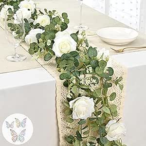 White Rose Garland, Garland For Table, White Flower Garland, Garland With Flowers, Room Backdrop, Table Centerpiece Wedding, Vine Garland, Artificial Eucalyptus Garland, Rose Vine