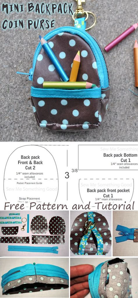 Mini Backpack Coin Purse Free Pattern, Mini Backpack Diy Free Pattern, Mini Backpack Pattern Free, Chatelaine Diy, Mini Backpack Diy, Mini Backpack Pattern, Key Chain Diy, Backpacking For Beginners, Backpack Sewing