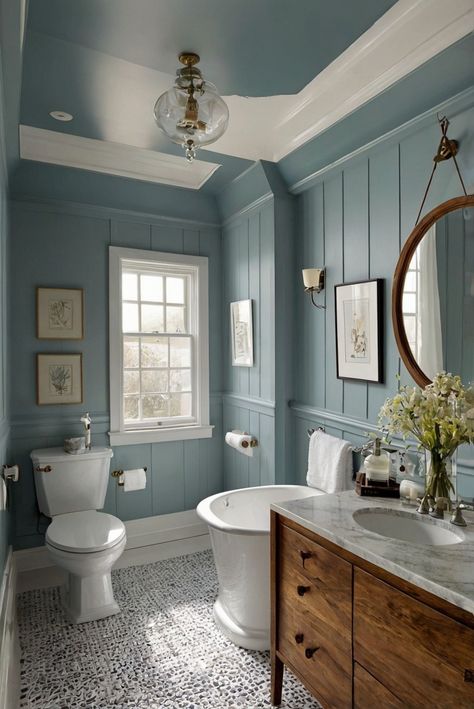 decorating interiors, kitchen designs, living room interior, home paint colors Fun Blue Bathroom, White Blue Bathroom Ideas, Light Blue Wall Bathroom, Master Bath Ideas Paint, Painted Bathroom Inspiration, Light Blue Paint Colors Bathroom, Eggshell Blue Bathroom, Bathroom With Light Blue Walls, Behr Blue Bathroom Paint Colors