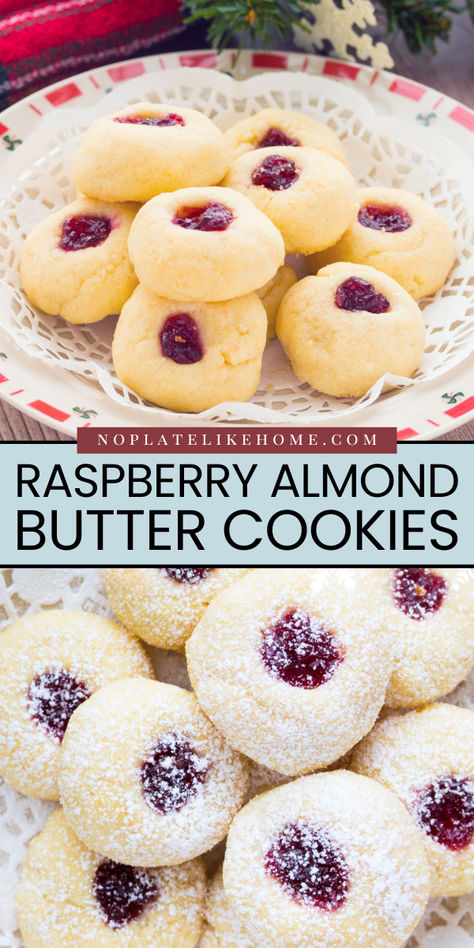 Check out how to make these best raspberry almond thumbprint cookies! Easy raspberry cookies made with a melt-in-your mouth butter cookie recipe flavored with almond extract and raspberry jam! Oh yeah! You need these! What's not to love? Butter Cookie With Raspberry Jam, Italian Raspberry Cookies, Best Raspberry Thumbprint Cookies, Raspberry Filled Almond Cookies, Vegan Peanut Butter And Jelly Thumbprint Cookies, Raspberry And Almond Shortbread Thumbprint Cookies, Raspberry Jam Thumbprint Cookies, Almond Thumb Print Cookies Recipes, Raspberry Thumb Print Cookie