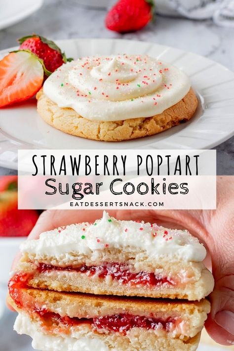 Cookie Stuffed Cookies, Strawberry Jam Shortbread Bars, Poptart Cookie Recipe, Pop Tart Cookie Recipe, Crumbl Strawberry Milk Cookie Copycat, Salporanz Cookies Recipe, Baking With Strawberry Jam, Crumble Cookie Copycat Recipe Strawberry, Cookie Recipes Crumble