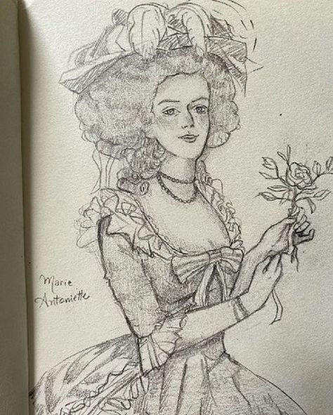 Axel on Instagram: "The beautiful Queen Marie Antoinette, in silk dress, holding a rose at the Petit Trianon, after the 1783 Vigee LeBrun painting of the Queen when she was 27 years old. This fine portrait of the Queen by @dudalittle2004 The artist writes – Umas princesas europeias⏳🍰 - some european princesses - #traditionalart #sketchdrawing #sketching #sketchbook #marieantoinette #pencilsketch #referenceddrawing #europeanroyalty My added hashtags - #louisxvi #mariaantonieta #maria Marie Antoinette Sketch, How To Draw A Princess, How To Draw Silk, Marie Antoinette Drawing, Queen Dress Drawing, Sketches Princess, Marie Antoinette Art, History Sketches, Traditional Sketches